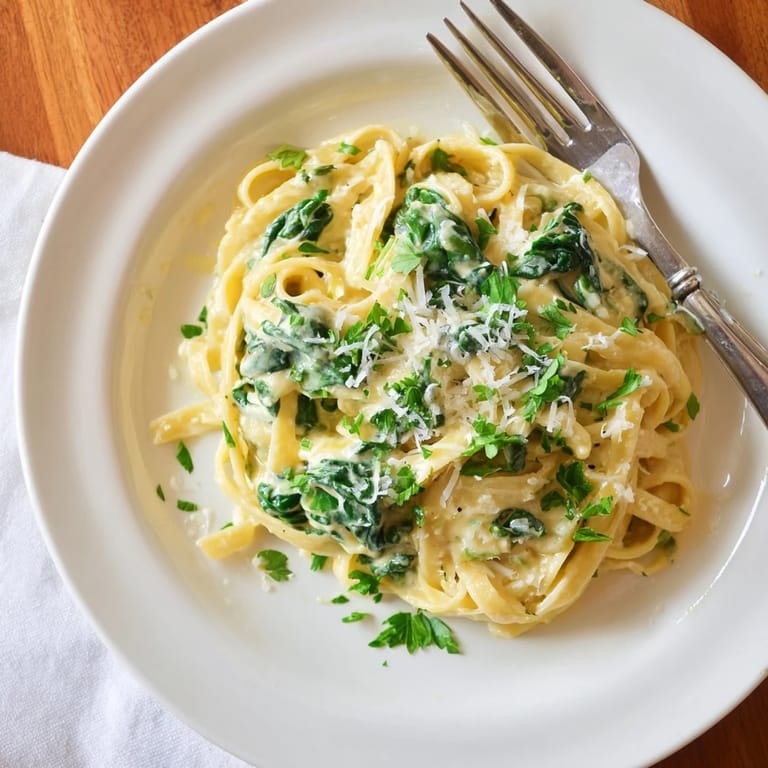 Close-up of creamy garlic spinach pasta twirled on a fork, highlighting tender spinach and glossy garlic sauce for a comforting vegetarian dinner.