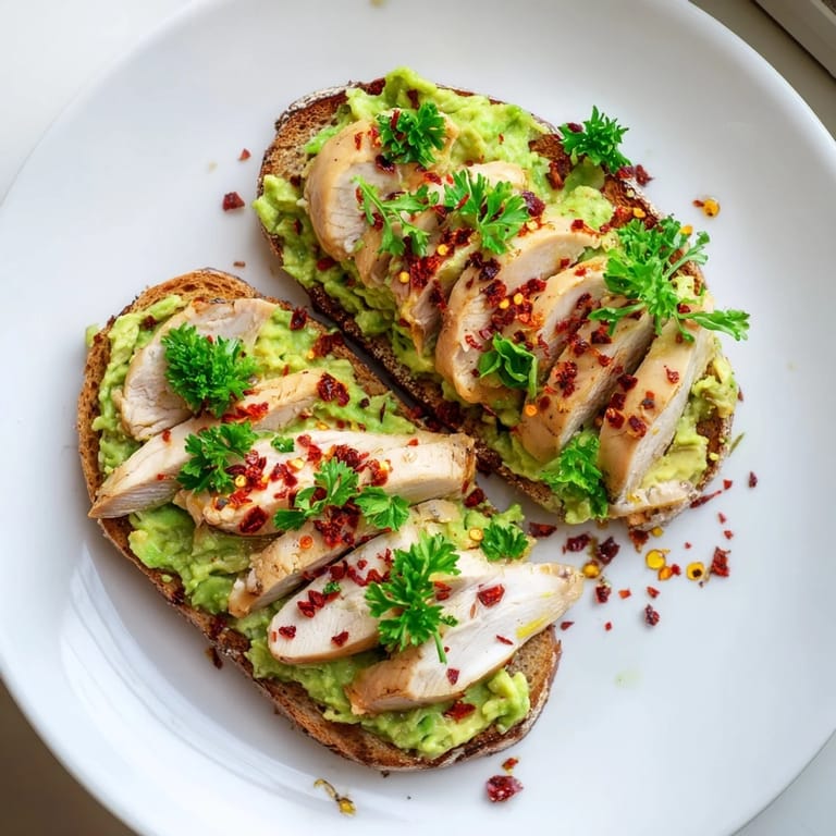 Hearty Smashed Avocado Chicken Toast features juicy sliced chicken, smooth avocado mash, and a spicy-sweet honey finish, perfect for a quick brunch or lunch.  