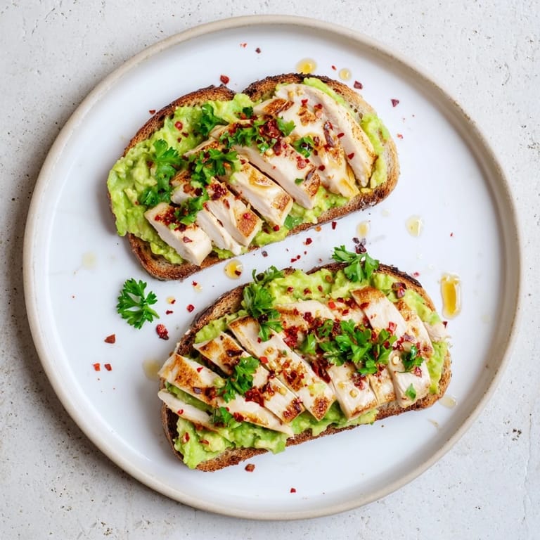 Savory Smashed Avocado Chicken Toast presents crusty multigrain toast spread with lemony avocado, crowned with tender grilled chicken, chili flakes, and honey.
