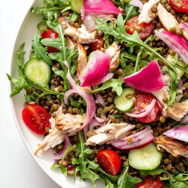 A close-up of the Lentil & Chicken Spring Salad shows glistening mustard dressing coating cherry tomatoes and crisp cucumber slices.
