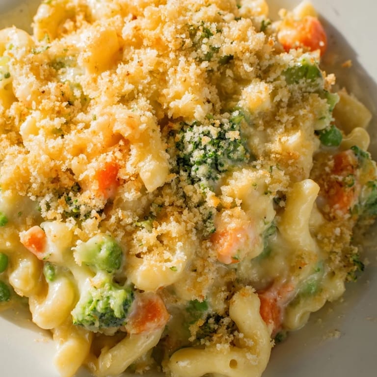 Garden Veg Mac and Cheese baked in a white dish with a crispy golden panko topping, ready to serve as a family-friendly weeknight meal.  