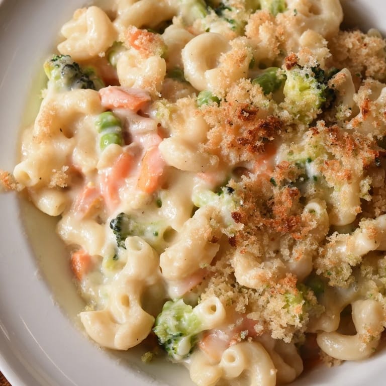 A spoon lifts creamy Garden Veg Mac and Cheese with tender peas, carrots, and broccoli, showcasing a hearty vegetarian dinner for U.S. home cooks.