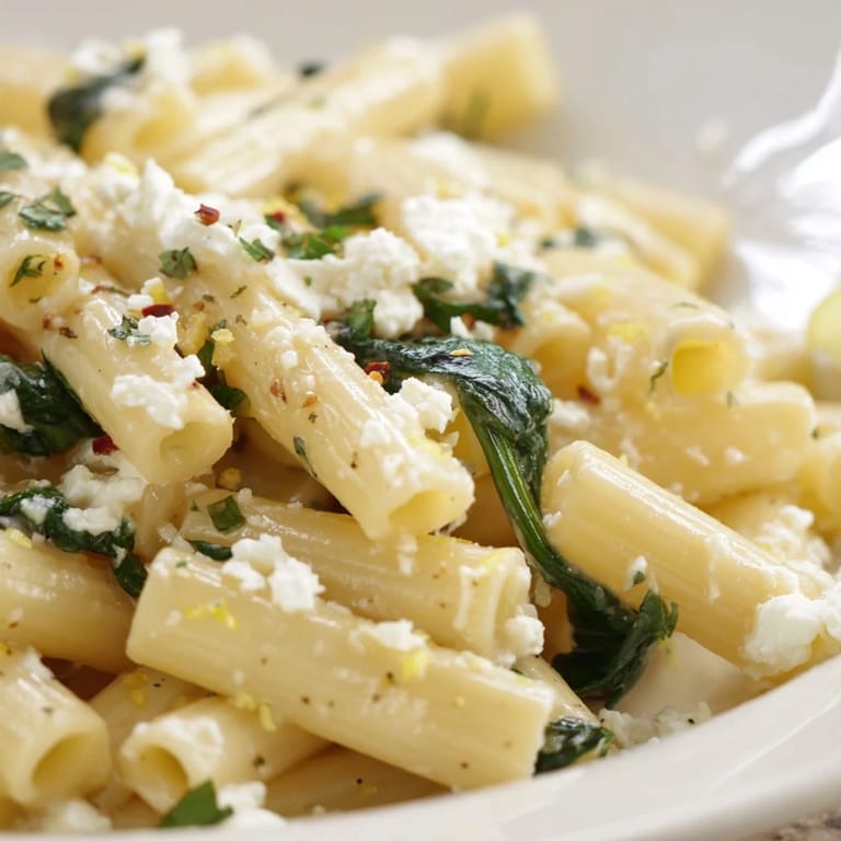 A pan of Creamy Feta Spinach Pasta garnished with lemon zest and herbs, perfect for weeknight dinner.