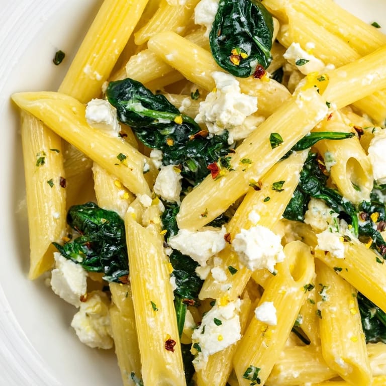 Spiral pasta tossed with spinach and creamy feta sauce, garnished with chili flakes in a skillet.