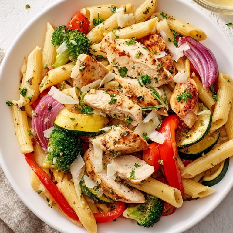 Garlic Herb Chicken & Veg Pasta served with a sprinkle of Parmesan, lemon zest, and a glass of crisp white wine for a perfect weeknight dinner.