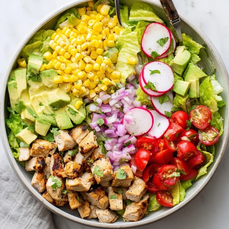 Hearty Roasted Corn & Chicken Chopped Salad served in a rustic bowl with charred kernels and tender grilled chicken pieces.
