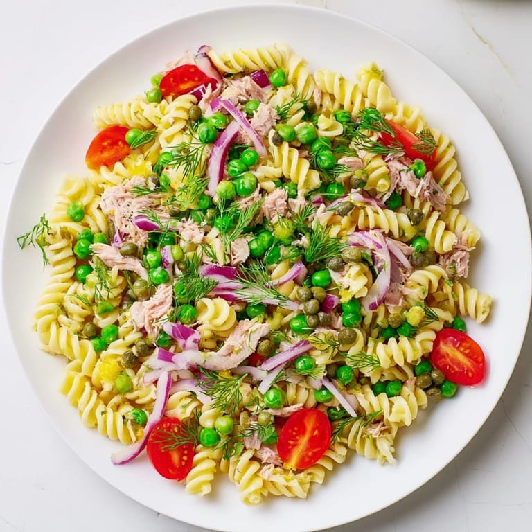 A refreshing lemony tuna pasta salad ready for a picnic, featuring fusilli, red onion, and cherry tomatoes in a light dressing.