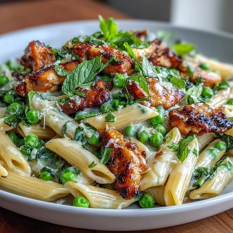 Tender penne pasta tossed with juicy chicken, sweet peas, and chopped mint in a zesty lemon-cream sauce, served warm in a white bowl.