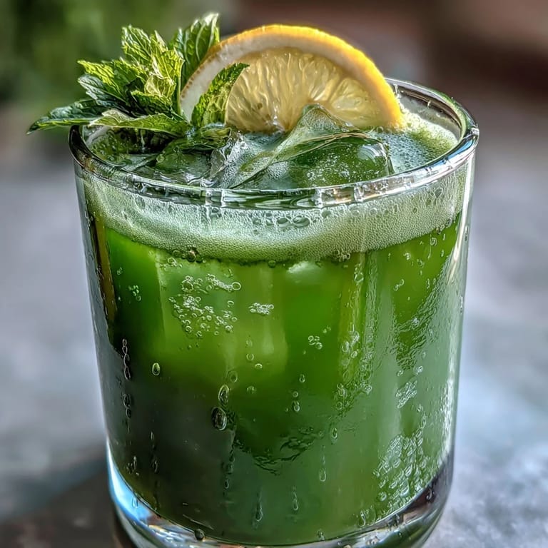 Vibrant green Celery Ginger Lemon Juice over ice with a lemon wedge, highlighting its crisp, hydrating qualities.  