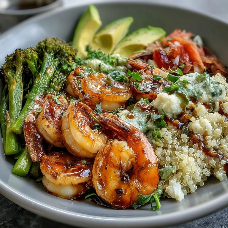 Succulent shrimp and fluffy quinoa top this Detox Buddha Bowl, paired with crisp broccoli and asparagus for a fresh, healthy meal.