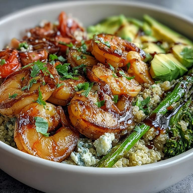 Close-up of a nutritious Detox Buddha Bowl with Shrimp and Quinoa, showcasing bright ingredients and a glistening olive oil dressing.