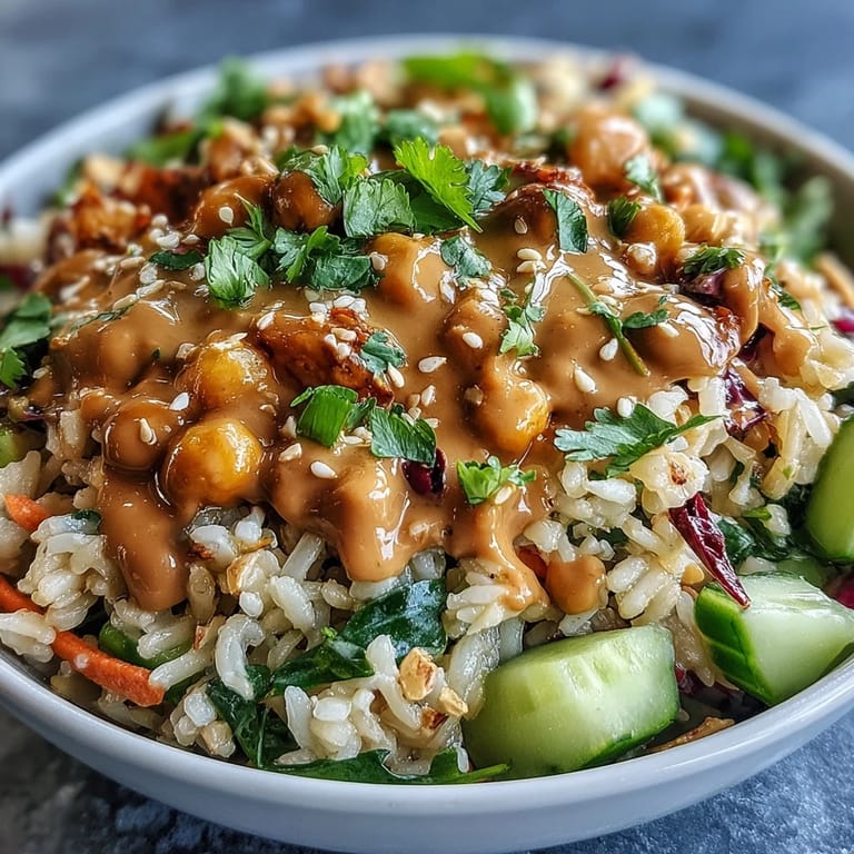 Close-up of a vibrant Peanut Chickpea Rice Bowl featuring tender chickpeas, shredded carrots, red cabbage, cucumber, and peanuts, tossed in a savory peanut dressing.