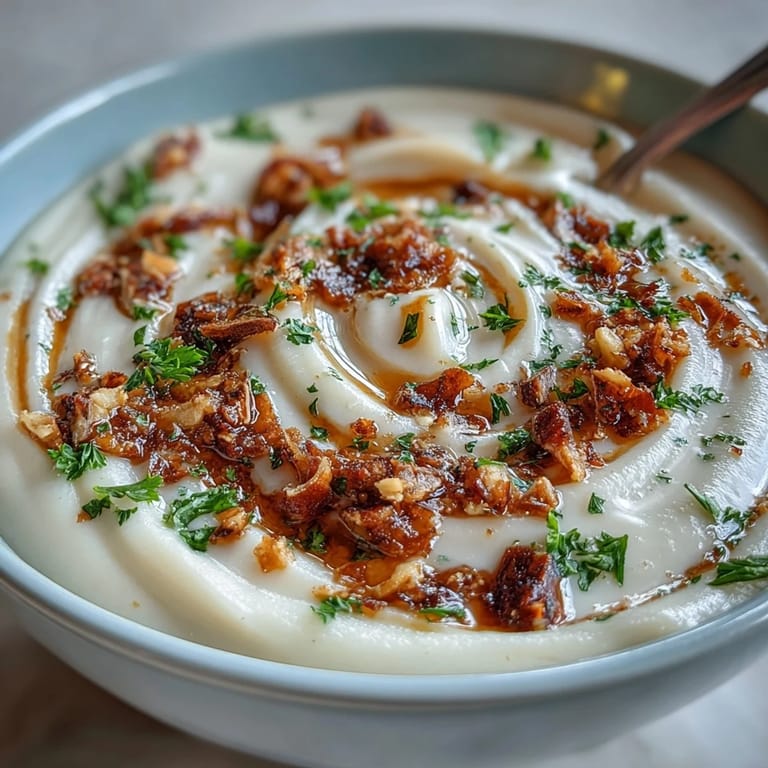 Enjoy this smooth celeriac soup, finished with a savory hazelnut crumble garnish.