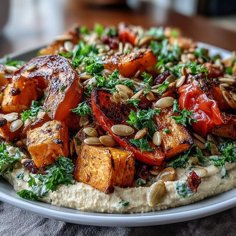 Golden, caramelized vegetables and colorful bell peppers are artfully arranged over smooth hummus, garnished with fresh parsley and smoked paprika.