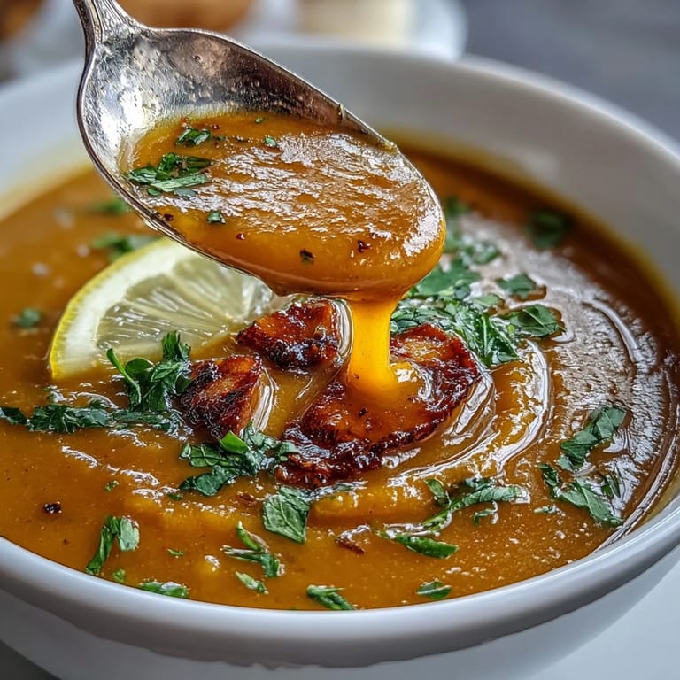 Golden roasted butternut squash cubes and red lentils in a rustic pot, ready to be blended into a hearty, plant-based soup.