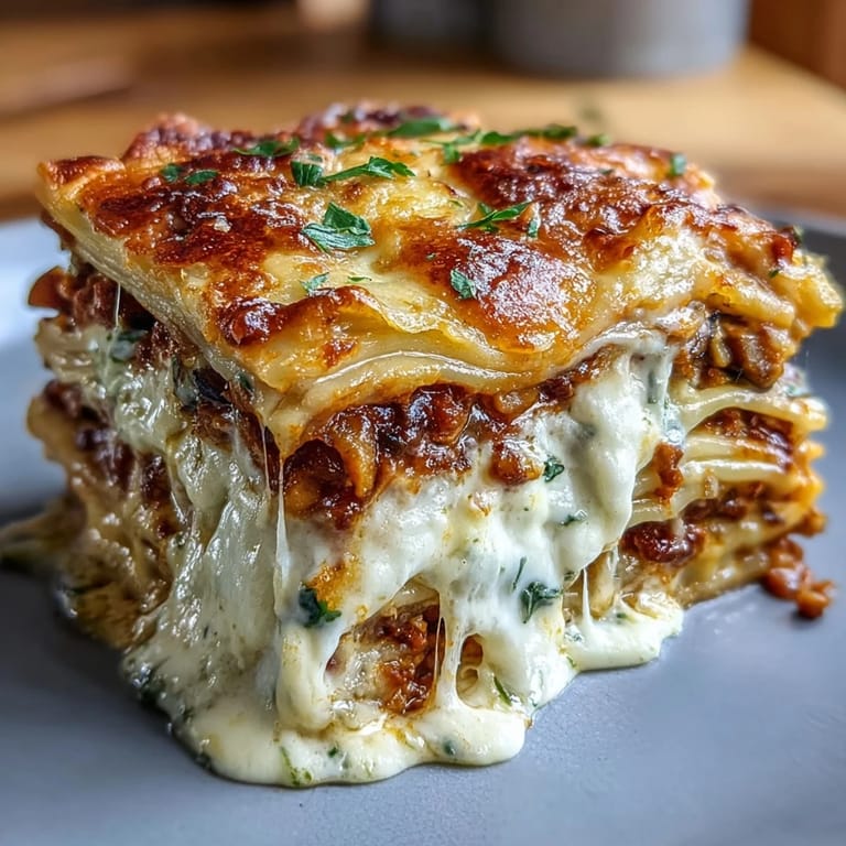 Close-up of layered One-Pan Smoky Veggie Lentil Lasagne revealing red lentils, zucchini, and creamy béchamel.