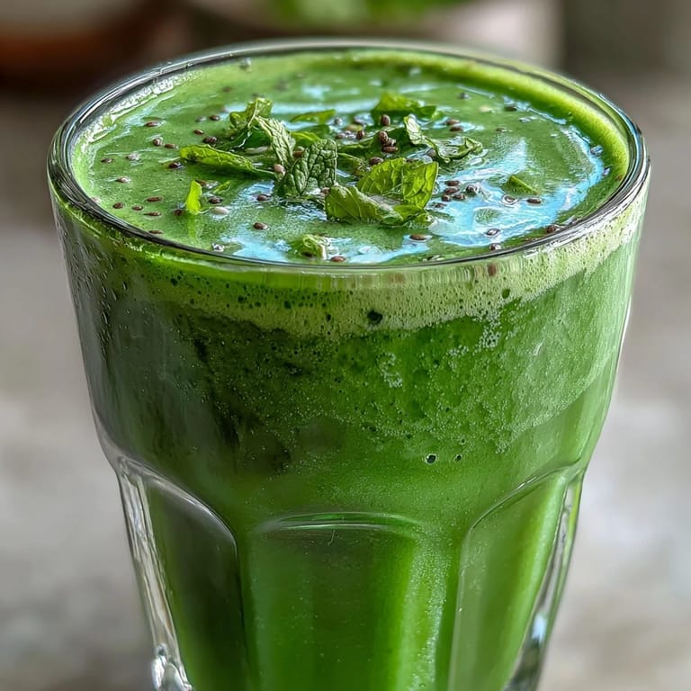 The freshly blended Green Detox Smoothie in a mason jar, topped with a sprinkle of chia seeds and a lemon wedge.