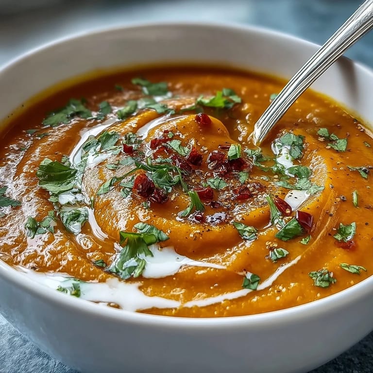 Steam rises from a smooth, golden-brown Carrot, Celeriac, and Chilli Soup served in a rustic ceramic bowl.