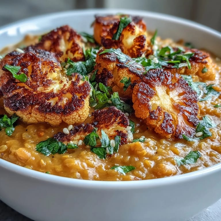 Creamy, spiced dhal topped with crispy cumin-roasted cauliflower, fresh cilantro, and a lemon wedge for brightness.