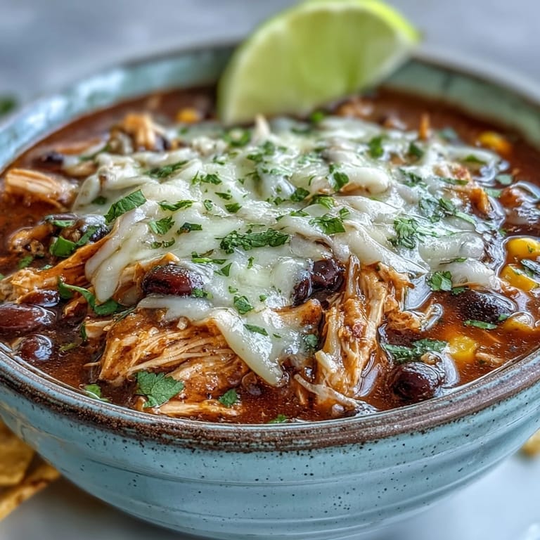 Close-up of Easy Chicken Tortilla Soup featuring tender chicken, black beans, and corn in a rich broth.