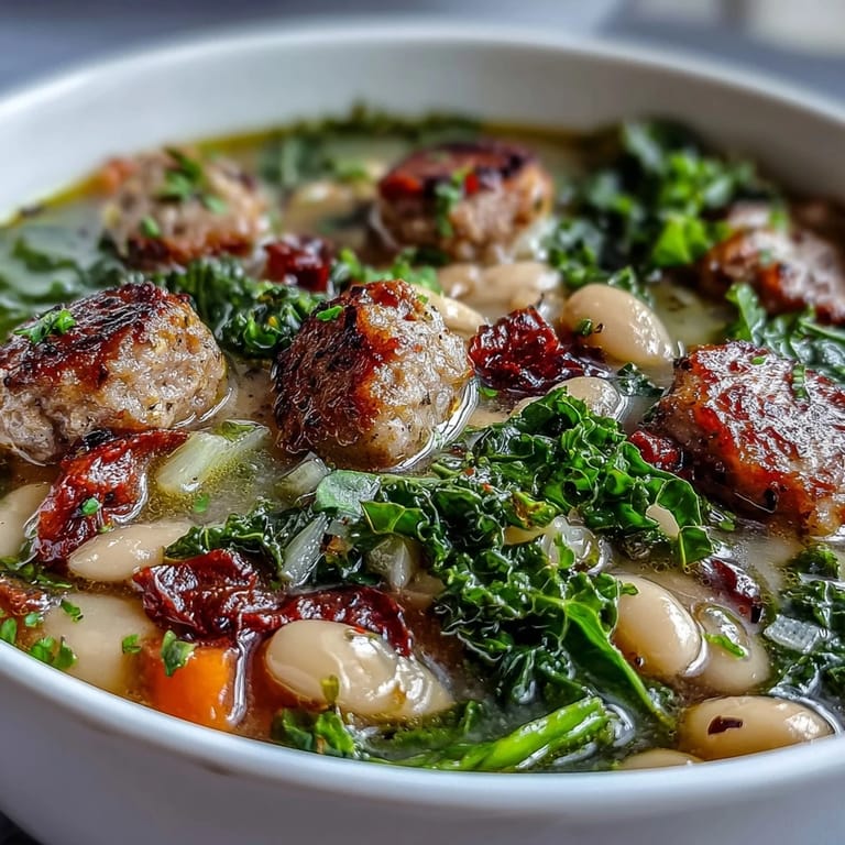 Hearty Italian White Bean Soup with Kale and Sausage, garnished with grated Parmesan and served alongside crusty artisan bread for dipping.