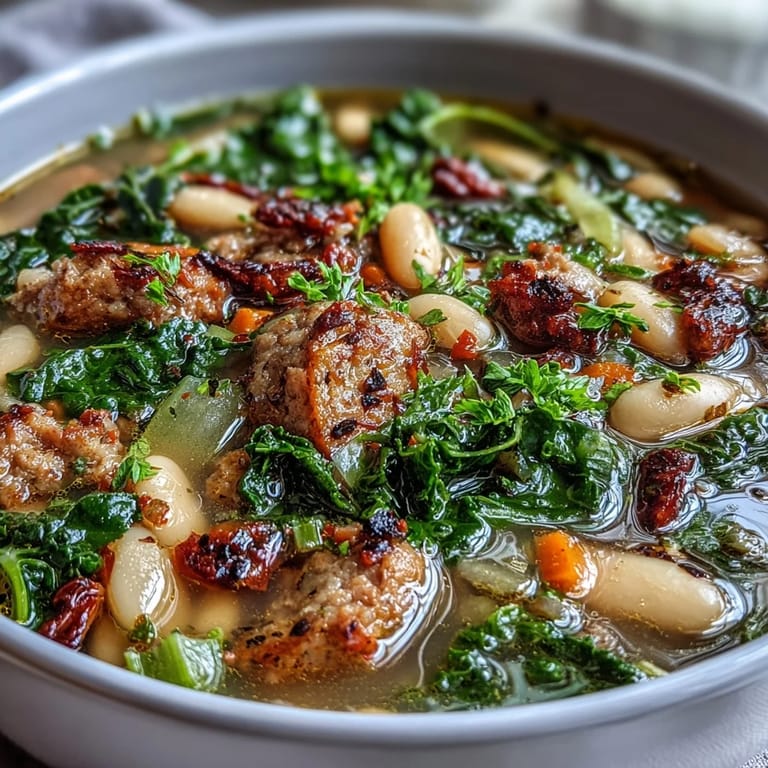 Close-up of Italian White Bean Soup with Kale and Sausage, showcasing vibrant green kale, roasted garlic, and rich broth in a ceramic mug.