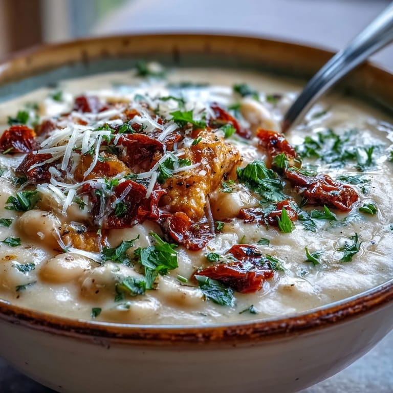 Close-up of Creamy Tuscan White Bean Soup topped with grated Parmesan and red pepper flakes beside a slice of crusty bread.