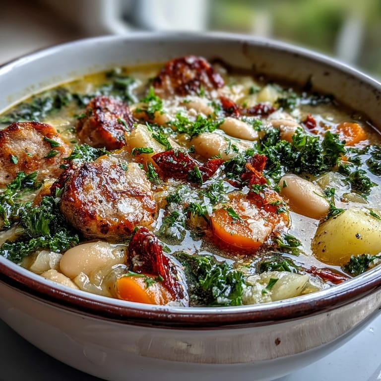 This hearty Tuscan White Bean Sausage Soup features crumbled Italian sausage, tender potatoes, and aromatic herbs in a rustic broth.