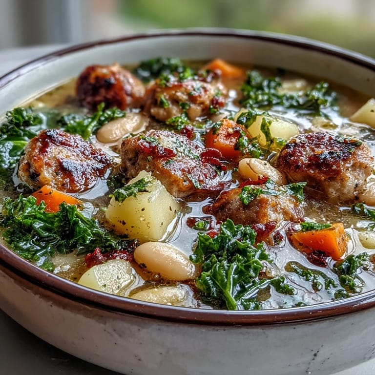 A close-up view of Tuscan White Bean Sausage Soup showing wilted kale, white beans, and savory sausage in a thick, stew-like consistency.