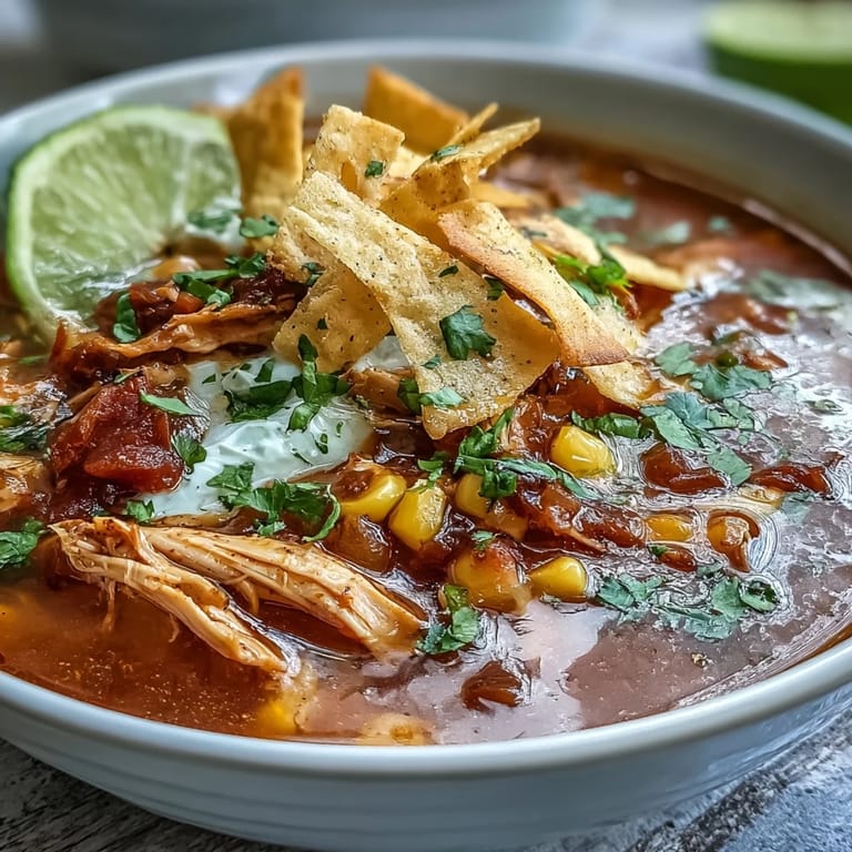 Best Chicken Tortilla Soup with shredded chicken, sweet corn, and fire-roasted tomatoes in a rich broth.