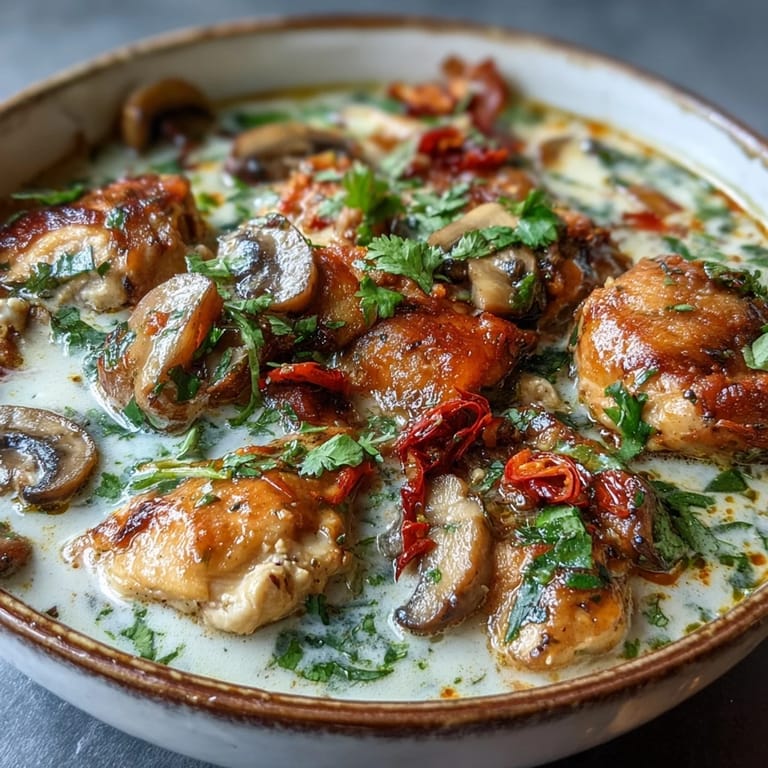 Hearty Thai Coconut Curry Soup with tender chicken, mushrooms, and carrots, served hot and garnished with fresh herbs and lime.