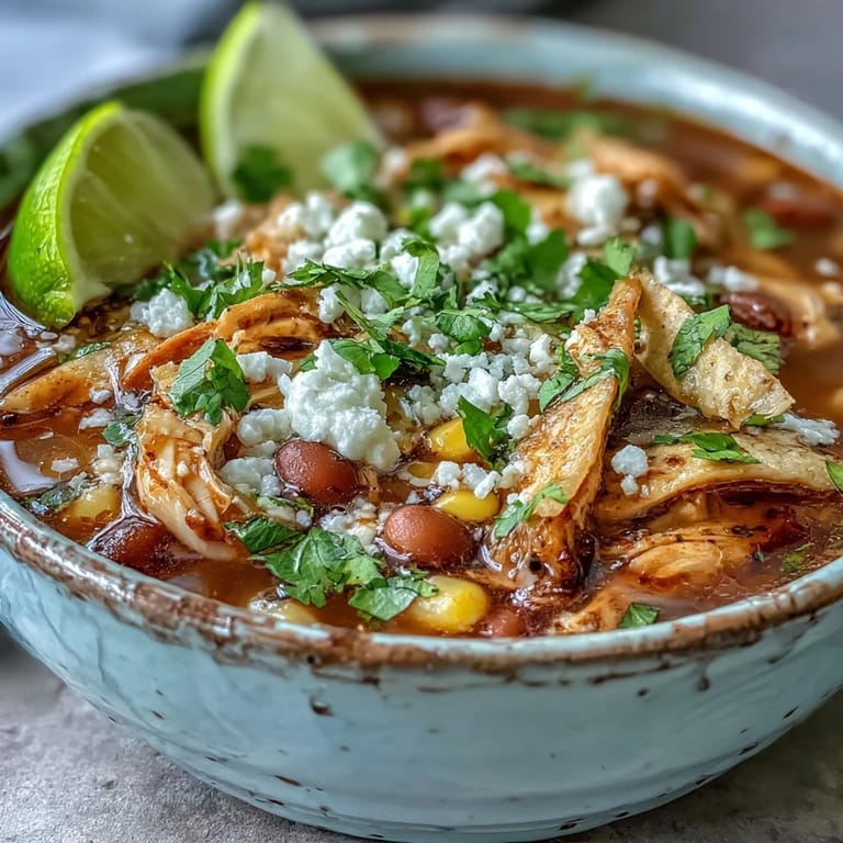 Hearty Chicken Tortilla Soup featuring tender shredded chicken, pinto beans, and corn, topped with fresh cilantro and cheese.