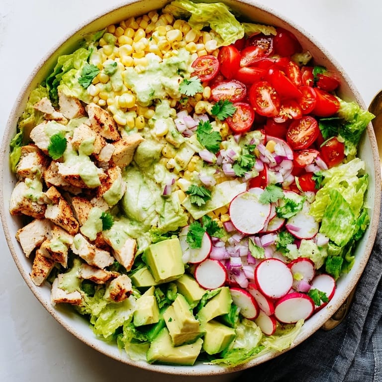 Juicy diced avocado, crisp radishes, and cherry tomatoes tossed in zesty lime dressing for the Roasted Corn & Chicken Chopped Salad.  