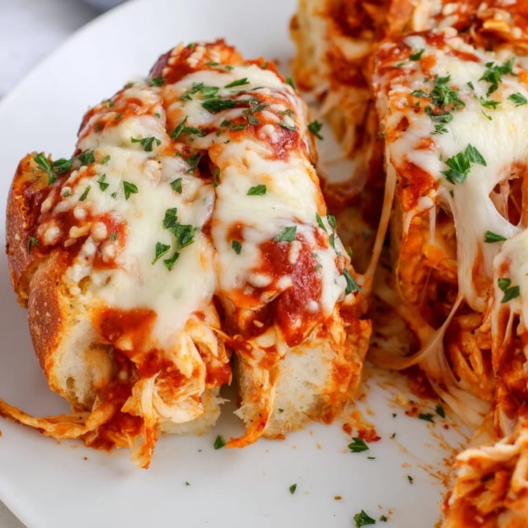 Sizzling Chicken Parm Stuffed Garlic Bread with saucy chicken, fresh parsley, and red pepper flakes garnish.