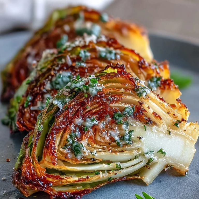 Easy Roasted Garlic Parmesan Cabbage Wedges garnished with herbs, paired with grilled chicken on a cozy dinner plate.