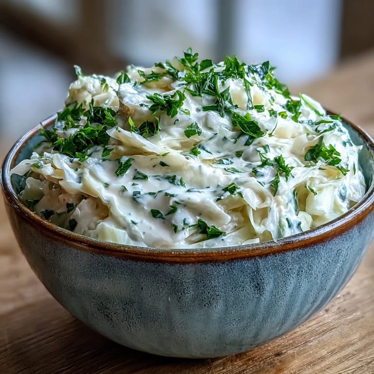 Freshly made Creamed Cabbage garnished with chopped parsley, steam rising, suggesting a warm, easy vegetarian side dish ready to enjoy.