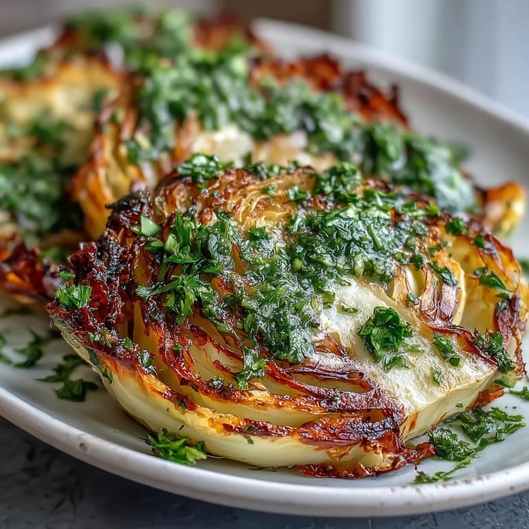 Freshly roasted cabbage steaks plated with herbaceous jalapeño chimichurri, perfect for a vegan dinner side or main.
