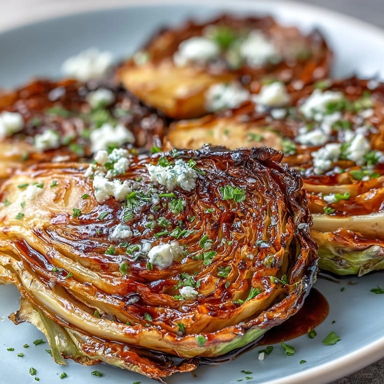 Roasted Crispy Cabbage Steaks With Feta and Balsamic drizzled with balsamic glaze and fresh parsley.