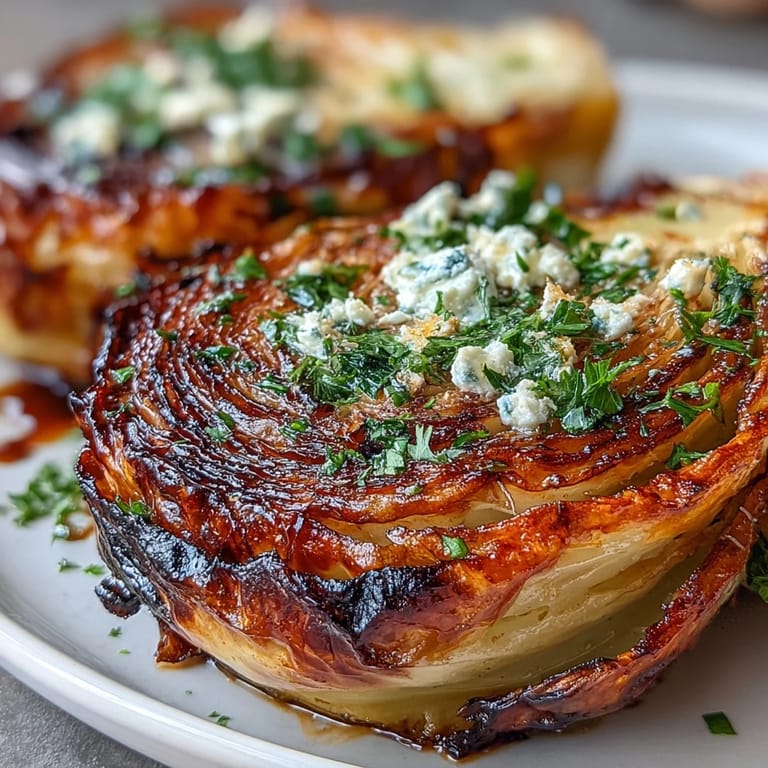 Sizzling Crispy Cabbage Steaks With Feta and Balsamic on a rustic wooden board, ready to serve.