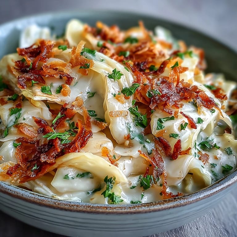Tender cabbage and onions in a creamy coconut milk sauce, garnished with cilantro.