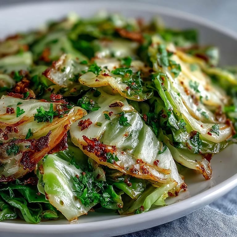 Tender, lightly caramelized cabbage seasoned with garlic and Mediterranean spices, steaming in a skillet for a quick vegan side.