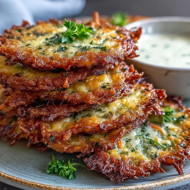Stack of crispy vegetarian Cabbage Fritters With Dipping Sauce, served warm beside a small ceramic bowl of tangy dip.