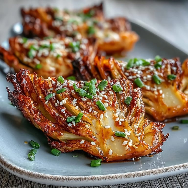 Freshly baked Miso Butter Roasted Cabbage Wedges topped with green onions, ready to serve alongside rice.
