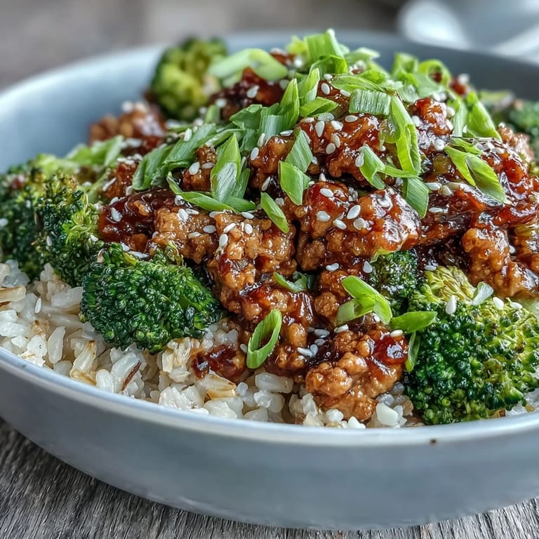 Overhead view of Sweet and Spicy Turkey Broccoli Bowls, ready to eat, with vibrant colors and sauce.