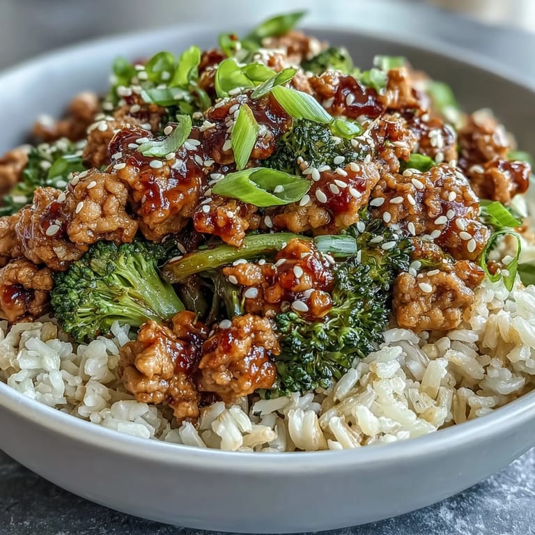 Sweet and Spicy Turkey Broccoli Bowls topped with green onions, sesame seeds, and steamed broccoli florets.