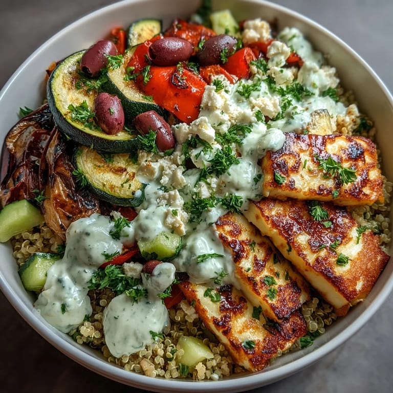 A close-up of grilled halloumi and smoky eggplant slices nestled over nutty quinoa for a vibrant Healthy Grilled Mediterranean Bowl.