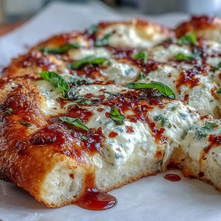 A close-up of Hot Honey Ricotta Pizza, showcasing creamy ricotta swirls and a drizzle of spicy honey.