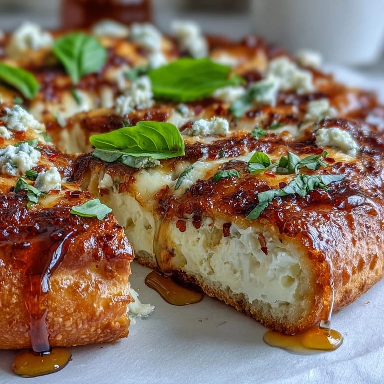 Sliced Hot Honey Ricotta Pizza on a baking sheet, ready to serve for a vegetarian dinner party.