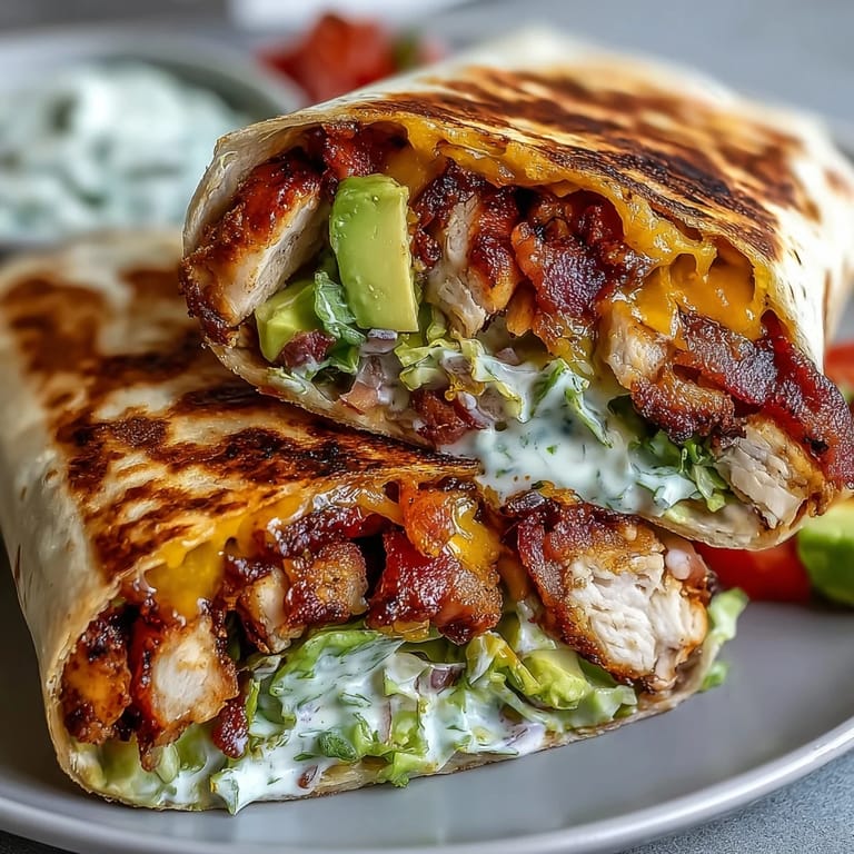 A hand holding the toasted Crispy Chicken Bacon Wrap, showing the creamy avocado and smoky bacon inside.