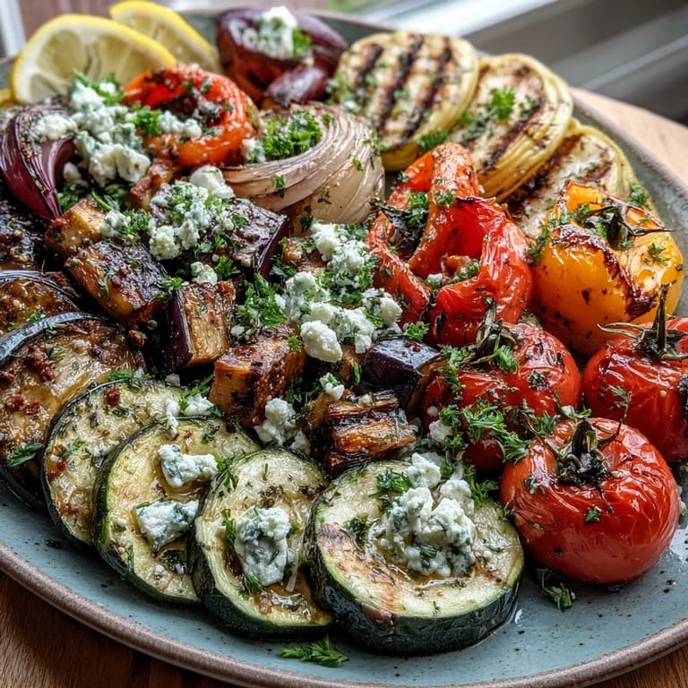 Colorful platter of Roasted Mediterranean Greek Vegetables served warm, ready to accompany grilled chicken or fish.